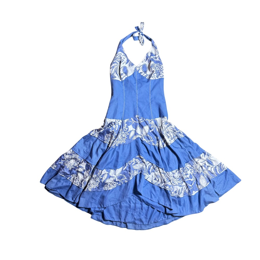 Lazada Blue White Floral Halter Tiered Midi Dress